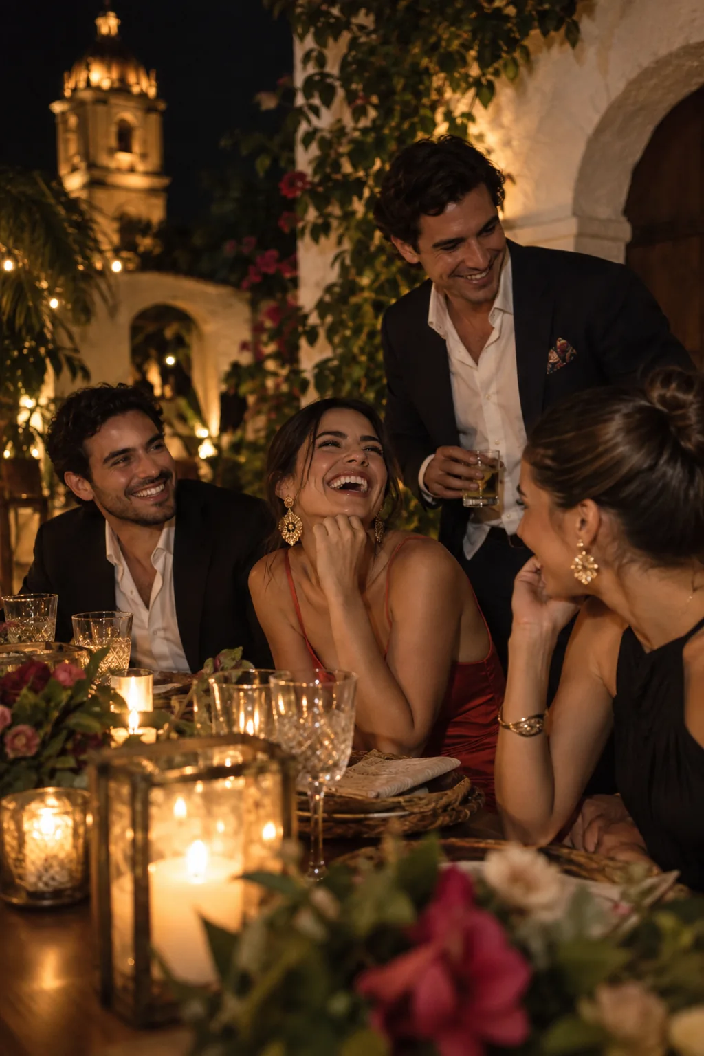 Amigos riendo durante una celebración nocturna