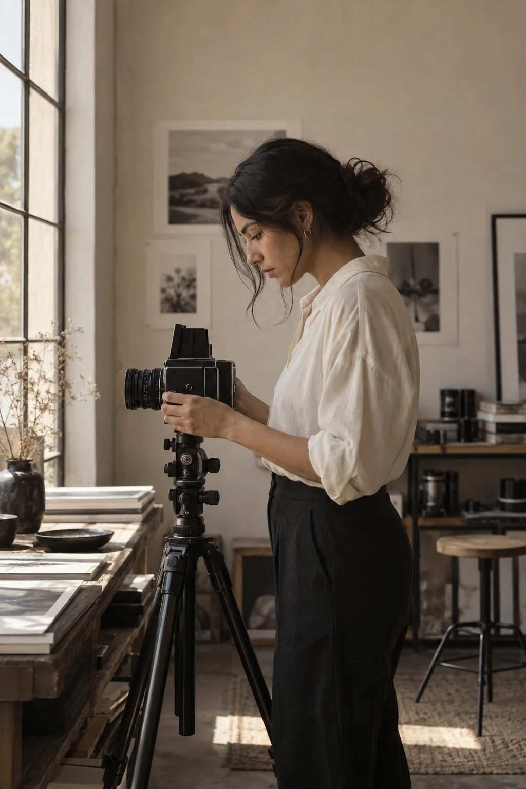 Fotógrafa trabajando con su cámara junto a una ventana en un estudio